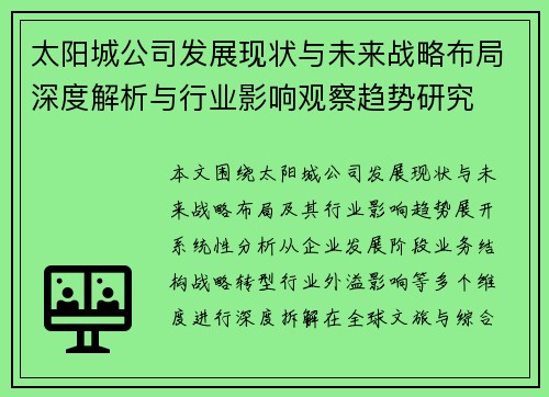 太阳城公司发展现状与未来战略布局深度解析与行业影响观察趋势研究